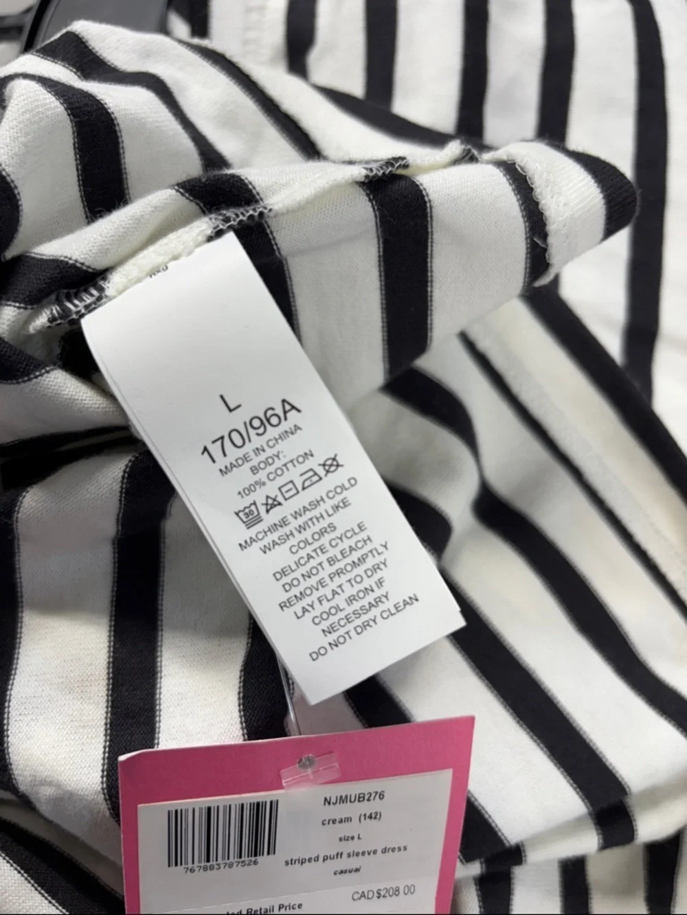 kate spade Black cream Striped puff sleeve cotton pull on dress size Large NWT